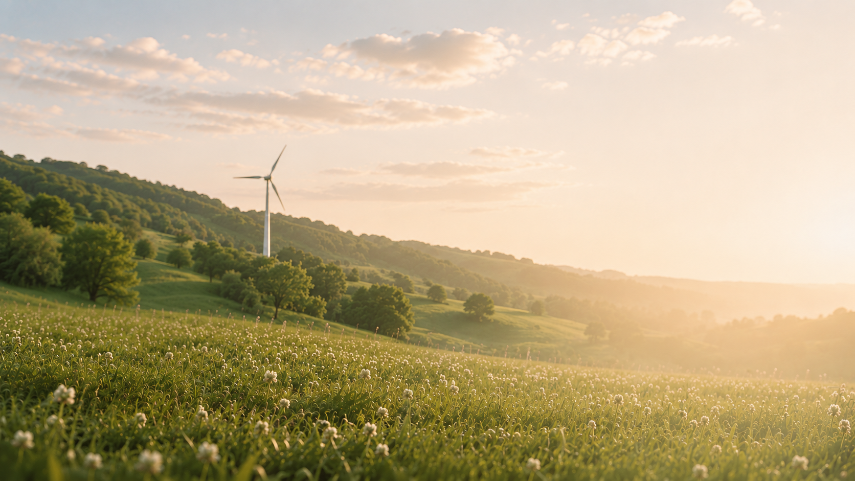 Grüne Weidelandschaft bei warmem Morgenlicht